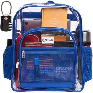 shylero clear backpack for work xl – heavy duty school bookbag has tsa lock – 2-way zip – transparent pvc – h18”xw14”xd8