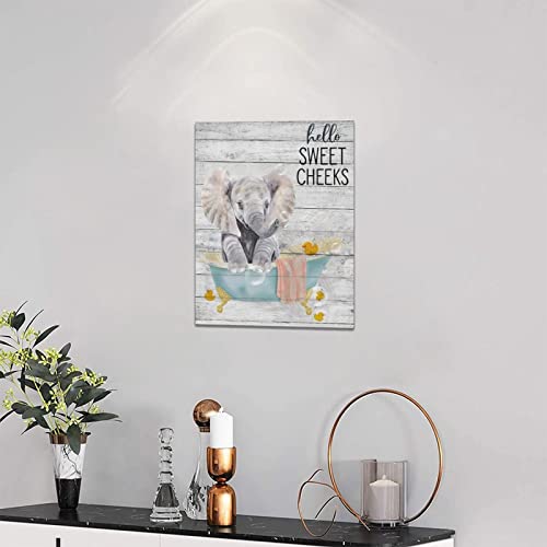 Funny Elephant Bathroom Wall Art Elephant Bathroom Pictures Wall Decor Elephant in Bathtub Canvas Painting Print for Wall Farmhouse Animal Bathroom Wall Decor Artwork Framed for Bedroom Toilet 12"x16"