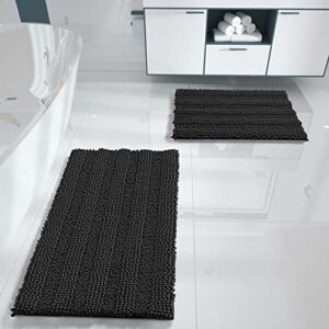 yimobra luxury chenille shaggy bathroom rug set, 2 pack soft fluffy plush bath mat, extra thick, non-slip, water absorbent, machine washable, bath mats for bathroom (black, 20″ x 32″+17″ x 24″)