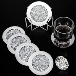 7 pcs glass mirrored coaster holder set, 6 pcs silver crushed crystal coasters with holder for drinks glitter crushed diamond decor on tabletop for home kitchen table bar accessories (round)