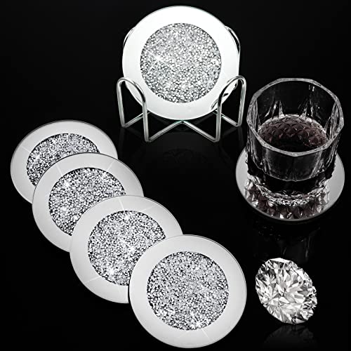 7 Pcs Glass Mirrored Coaster Holder Set, 6 Pcs Silver Crushed Crystal Coasters with Holder for Drinks Glitter Crushed Diamond Decor on Tabletop for Home Kitchen Table Bar Accessories (Round)