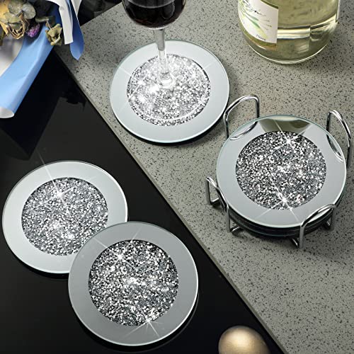 7 Pcs Glass Mirrored Coaster Holder Set, 6 Pcs Silver Crushed Crystal Coasters with Holder for Drinks Glitter Crushed Diamond Decor on Tabletop for Home Kitchen Table Bar Accessories (Round)