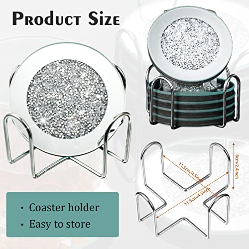 7 Pcs Glass Mirrored Coaster Holder Set, 6 Pcs Silver Crushed Crystal Coasters with Holder for Drinks Glitter Crushed Diamond Decor on Tabletop for Home Kitchen Table Bar Accessories (Round)