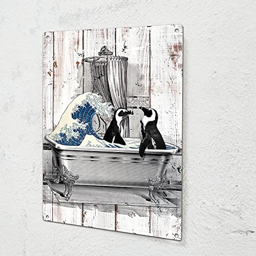 Funny Bathroom Signs Wall Decor, Adorable Penguin Photo Minimalist Wall Art Bathroom Prints, Fun Guest Bathroom Metal Tin Sign Wall Art Decor, Funny Bathroom Gifts for Women, Funny Message Cafe Bar Bathroom Decor