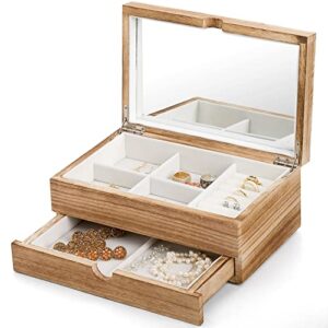 frcctre jewelry box organizer for women, 2 layer wooden jewelry box with mirror, vintage jewelry storage organizer case rustic display case for earrings rings necklaces bracelets