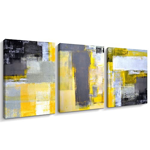 ARTINME Trendy Framed Modern Yellow and Grey Abstract Giclee Canvas Prints Wall Art Picture Living Room Bedroom Home Decorations (12 x 16 inch, Set Of 3)