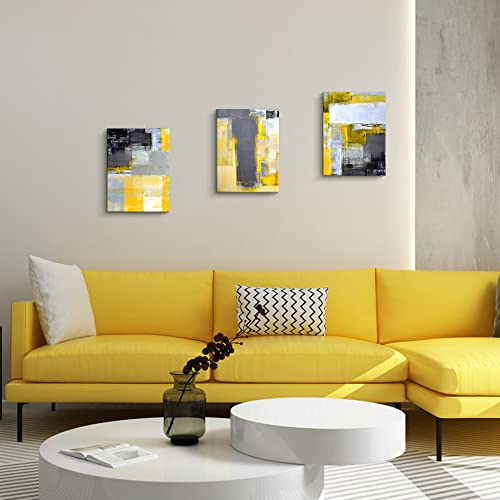 ARTINME Trendy Framed Modern Yellow and Grey Abstract Giclee Canvas Prints Wall Art Picture Living Room Bedroom Home Decorations (12 x 16 inch, Set Of 3)