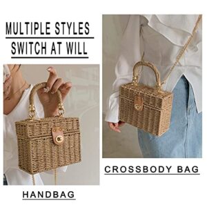 Women's Straw Bag Vintage Basket Purse Summer Beach Handbag Rattan Crossbody Bag Casual Vacation (Handbag-Khaki)