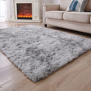 anvarug 3×5 feet small area rug, upgrade anti-skid durable rectangular cozy rug, high pile shag carpet rugs for indoor home decorative, tie-dyed light grey