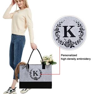 BeeGreen Felt Monogram Tote Bag Initial Tote Bag w Inner Pocket Stand Upright Utility Tote Bag Personalized Gifts for Women Teacher Wedding Bridesmaid Birthday Beach Handbag for Shopping Groceries K