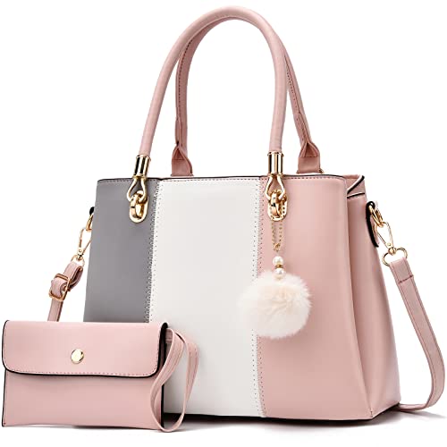 Women Handbags Large Tote Shoulder Bag Crossbody Bag for Women Color Stitching Top Handle Satchel Hobo 2pcs Purse Set Pink