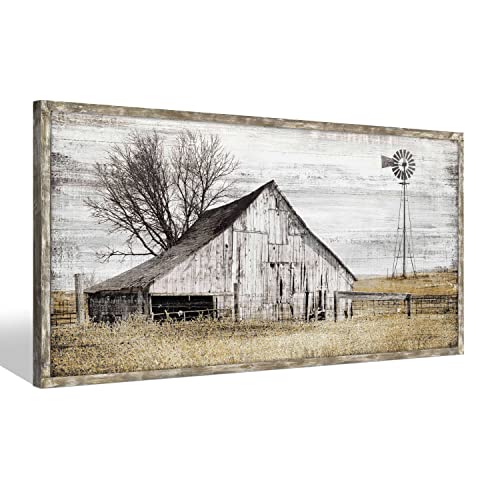 Barn Framed Wall Art Farmhouse: Rustic Farm Wood Picture Decor Large Windmill Country Scene Painting Horizontal Nature Landscape Artwork Panoramic Countryside View Print for Home Living Room Bedroom