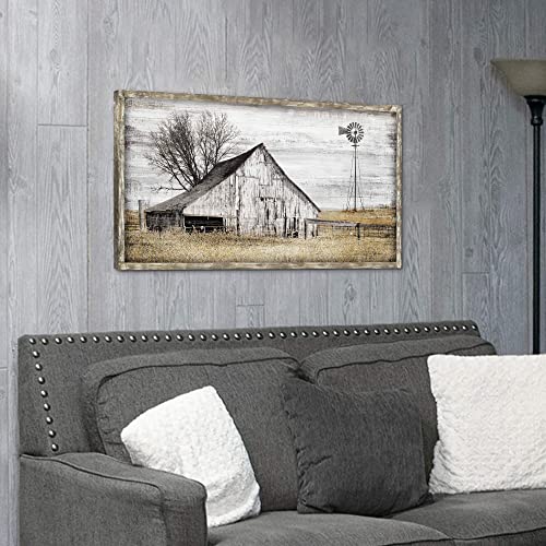 Barn Framed Wall Art Farmhouse: Rustic Farm Wood Picture Decor Large Windmill Country Scene Painting Horizontal Nature Landscape Artwork Panoramic Countryside View Print for Home Living Room Bedroom