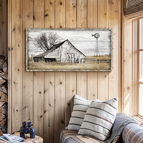 Barn Framed Wall Art Farmhouse: Rustic Farm Wood Picture Decor Large Windmill Country Scene Painting Horizontal Nature Landscape Artwork Panoramic Countryside View Print for Home Living Room Bedroom