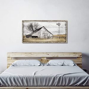 Barn Framed Wall Art Farmhouse: Rustic Farm Wood Picture Decor Large Windmill Country Scene Painting Horizontal Nature Landscape Artwork Panoramic Countryside View Print for Home Living Room Bedroom