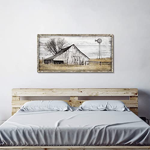 Barn Framed Wall Art Farmhouse: Rustic Farm Wood Picture Decor Large Windmill Country Scene Painting Horizontal Nature Landscape Artwork Panoramic Countryside View Print for Home Living Room Bedroom