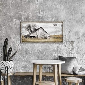 Barn Framed Wall Art Farmhouse: Rustic Farm Wood Picture Decor Large Windmill Country Scene Painting Horizontal Nature Landscape Artwork Panoramic Countryside View Print for Home Living Room Bedroom