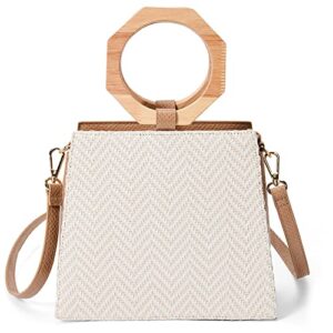 like dreams women straw woven vegan leather satchel bag wooden top handle fashion crossbody purse (cream)