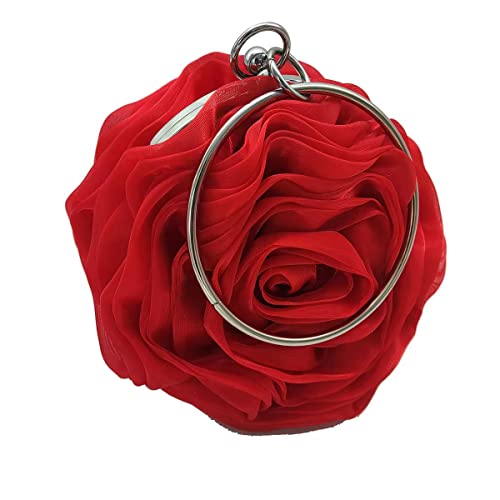 IAMUHI Womens Chiffon Mini Floral Evening Hanbag Small Rose Flower Clutch Purse Wallet Bag with Ring Wrist Handle,Red