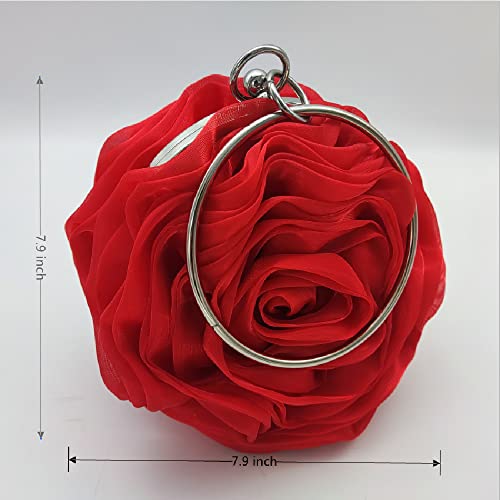 IAMUHI Womens Chiffon Mini Floral Evening Hanbag Small Rose Flower Clutch Purse Wallet Bag with Ring Wrist Handle,Red