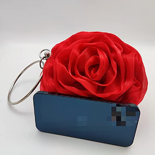 IAMUHI Womens Chiffon Mini Floral Evening Hanbag Small Rose Flower Clutch Purse Wallet Bag with Ring Wrist Handle,Red