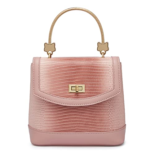 FOXLOVER Genuine Leather Shoulder Bucket Bags for Women Small Handbags Original Design Crocodile Pattern Crossbody Bags Purses(pink)