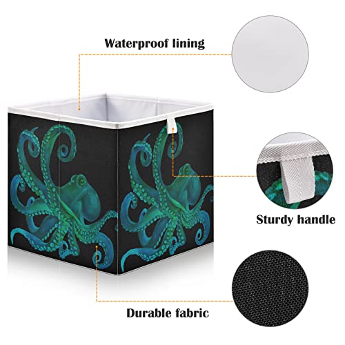 ALAZA Blue Watercolor Octopus Kraken 11 Inch Cube Storage Bin Organizer Foldable Basket for Closet Cabinet Shelf Office