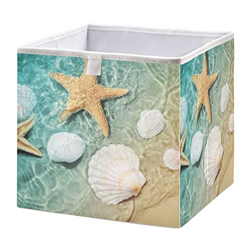 Kigai Storage Basket Starfish Shell Summer Beach Foldable Storage Bin 11 X 11 X 11 Inches Cube Storage Baskets Box for Shelves Closet Laundry Nursery Bedroom Home Decor