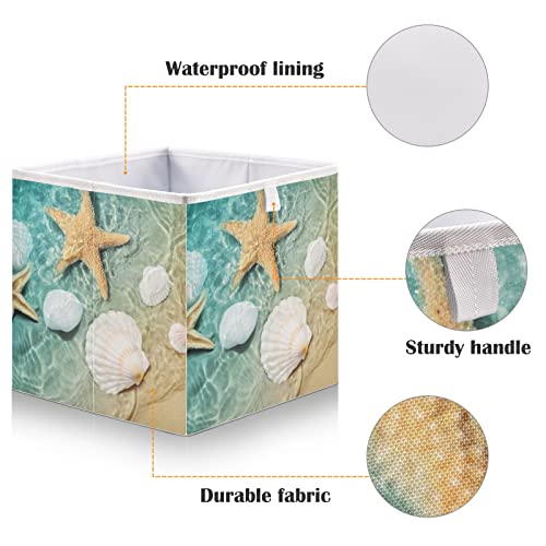 Kigai Storage Basket Starfish Shell Summer Beach Foldable Storage Bin 11 X 11 X 11 Inches Cube Storage Baskets Box for Shelves Closet Laundry Nursery Bedroom Home Decor