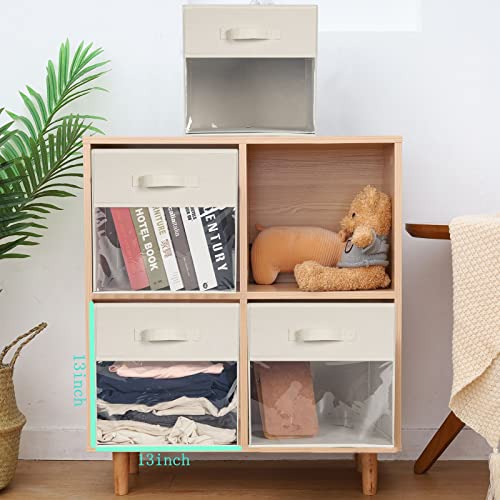 DOMEraax Cube Storage Bin 4 Pack with Clear Window Large Boxes Basket with Handles Fabric Closet Organizer 13" x 13" x 13" Beige