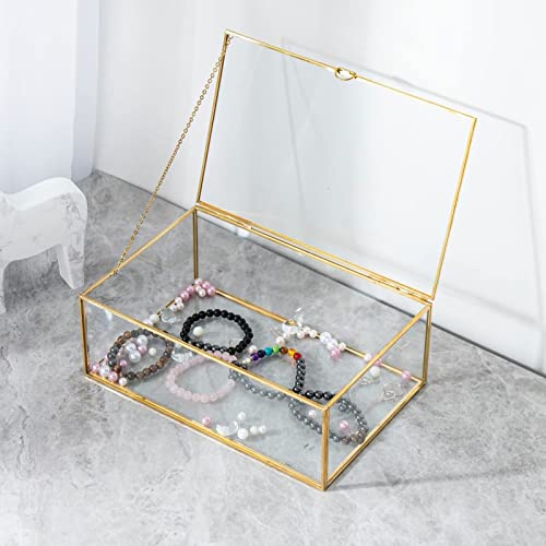 WHSLILR 10.8” Glass Jewelry Box Gold Card Box with Hinged Lid, Gold Keepsake Box for Storage Wedding Card, Trinkets, Photo and More, Cute Glass Box for Women and Girl,Vintage