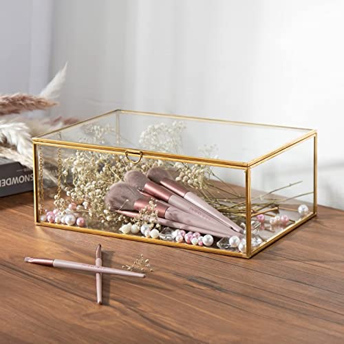 WHSLILR 10.8” Glass Jewelry Box Gold Card Box with Hinged Lid, Gold Keepsake Box for Storage Wedding Card, Trinkets, Photo and More, Cute Glass Box for Women and Girl,Vintage