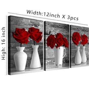 Wall Art Canvas Red Rose Painting Flower Wall Art Pictures For Bedroom Living Room 3 Piece Set Framed Home Decor Artworks 12"X16"