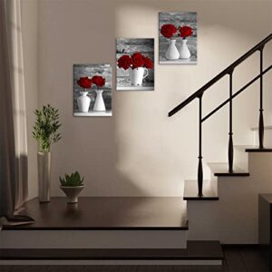 Wall Art Canvas Red Rose Painting Flower Wall Art Pictures For Bedroom Living Room 3 Piece Set Framed Home Decor Artworks 12"X16"