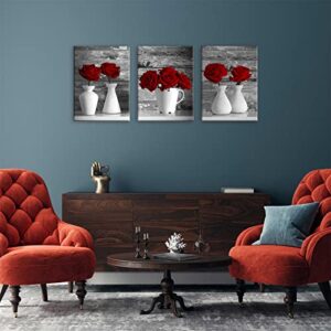 Wall Art Canvas Red Rose Painting Flower Wall Art Pictures For Bedroom Living Room 3 Piece Set Framed Home Decor Artworks 12"X16"