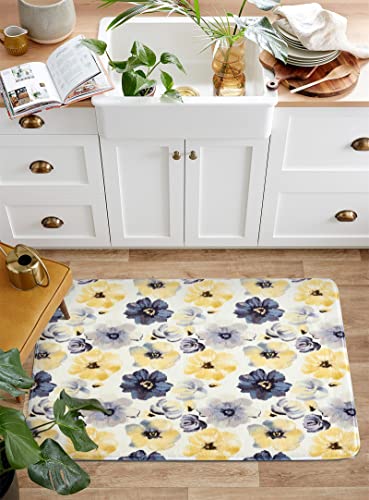 RoomTalks Modern Boho Floral 2x3 Area Rug - Faux Wool Non-Slip Cute Bohemian Colorful Yellow Gray Flowers Bathroom Rug Washable Small Throw Rugs for Entryway Kitchen Bedroom Floor Carpet