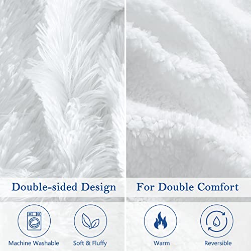 EASELAND Soft Faux Fur and Sherpa Shaggy Throw Blanket, Reversible Warm Thick Fleece Fuzzy Shag Throws, luxury Furry Plush Fluffy Decorative Cozy Blankets for Couch Sofa Bed Chair (White,90×90 inches)