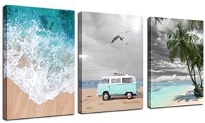 enartly beach canvas wall art coastal turquoise pictures bathroom decor trees paintings sea wave blue teal ocean vocation bus artwork framed for bedroom living room dinning room decor 12″x16″x3 panels
