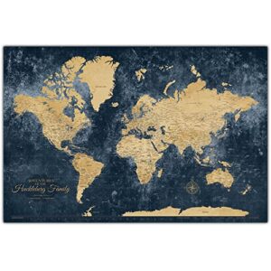 personalized gold & navy textured push pin world map on canvas, 3 sizes, push pins included to track travels, world map pin board, best gift for people who travel gift for traveler women men couple