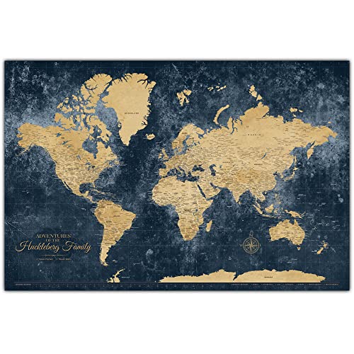 Personalized Gold & Navy Textured Push Pin World Map on Canvas, 3 Sizes, Push Pins Included to Track Travels, World Map Pin Board, Best gift for People Who Travel Gift for Traveler Women Men Couple