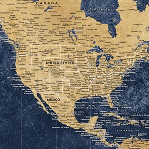 Personalized Gold & Navy Textured Push Pin World Map on Canvas, 3 Sizes, Push Pins Included to Track Travels, World Map Pin Board, Best gift for People Who Travel Gift for Traveler Women Men Couple