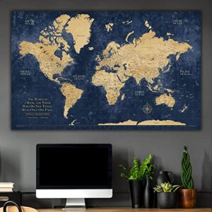 Personalized Gold & Navy Textured Push Pin World Map on Canvas, 3 Sizes, Push Pins Included to Track Travels, World Map Pin Board, Best gift for People Who Travel Gift for Traveler Women Men Couple