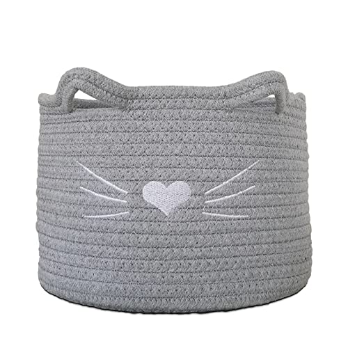 LUSE LIVE Small Woven Basket,Rope Storage Basket with Handle,Cute Cotton Basket for Nursery,Cat Dog Toy Storage Organizer Basket,Storage Bins for Toy Organizer,Grey,10×10×7 inch