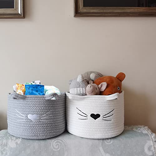 LUSE LIVE Small Woven Basket,Rope Storage Basket with Handle,Cute Cotton Basket for Nursery,Cat Dog Toy Storage Organizer Basket,Storage Bins for Toy Organizer,Grey,10×10×7 inch