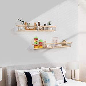 Napeollor Nursery Shelves,33Inch,Wood Floating Book Shelves with White Metal Brackets.Wood Hanging Decorative Wall Shelves for Living Room, Bedroom, Kitchen, Bathroom Storage,Set of 2,Natural Color