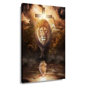 lion and lamb wall art vintage framed artwork lion of judah wall art canvas abstract painting christian posters decorations for bedroom framed (12×18 inch)