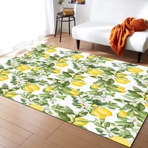 rustic spring lemon with leaves filling area rug for bed room, 3′ x 5′ indoor accent rugs non-skid kitchen runner, yellow summer floral bathroom rugs modern floor mats washable throw carpet