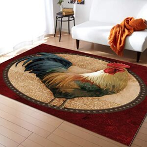 rustic rooster marble pattern area rug for bed room, 3′ x 5′ indoor accent rugs non-skid kitchen runner, farmhouse red round bathroom rugs modern floor mats washable throw carpet