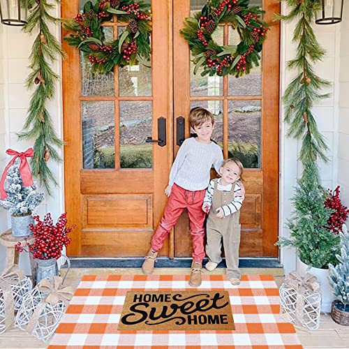 DR.NATURE Orange and White Plaid Rug, 3 x 5 Feet Fall Front Decor Door Mat Cotton Hand-Woven Rug for Layered Door Mats Washable Carpet for Autumn Farmhouse Porch Entryway