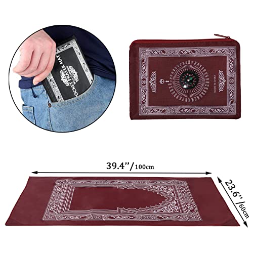 Muslim Prayer Rug Soft Namaz Sajadah Travel Prayer Mat with Compass Water Resistant Praying Carpet for Ramadan, Burgundy